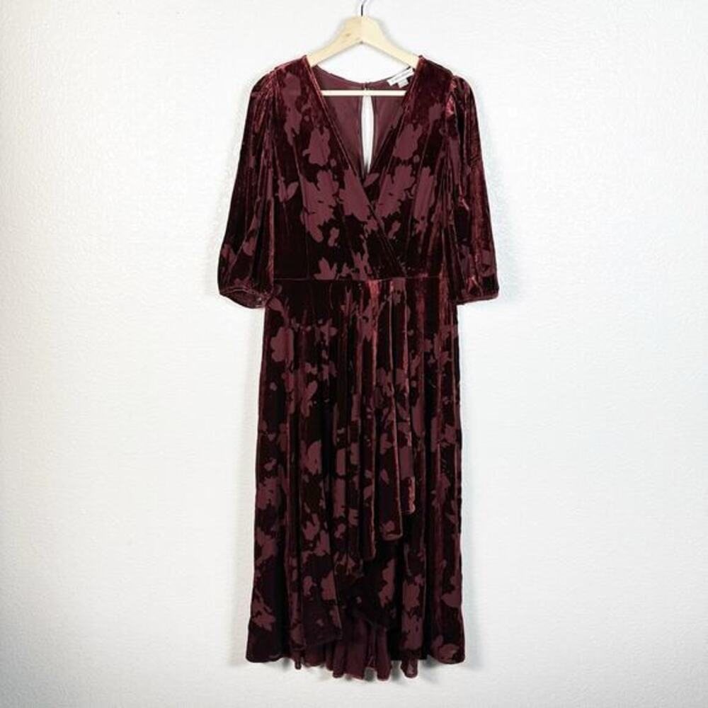 Calvin Klein Womens Size 14 Velvet Floral Burnout Faux Wrap Midi Dress in Maroon